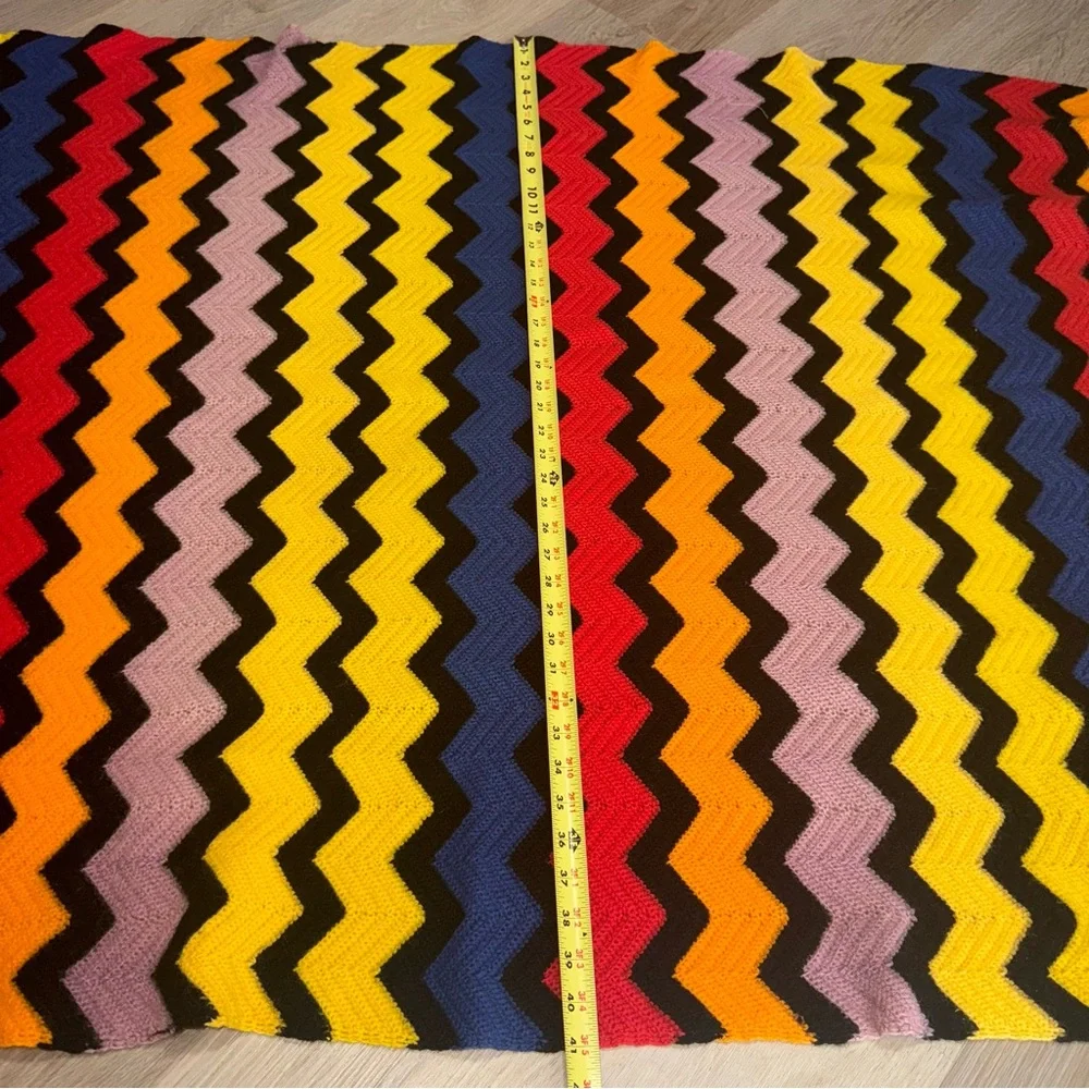 Vintage 70s Colorful Chevron Crochet Throw Blanket